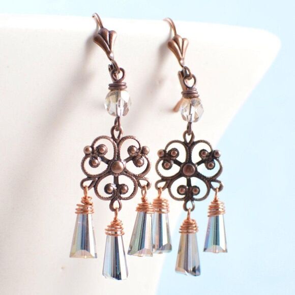 Aged Copper Filigree Earrings - Picture 3 of 5